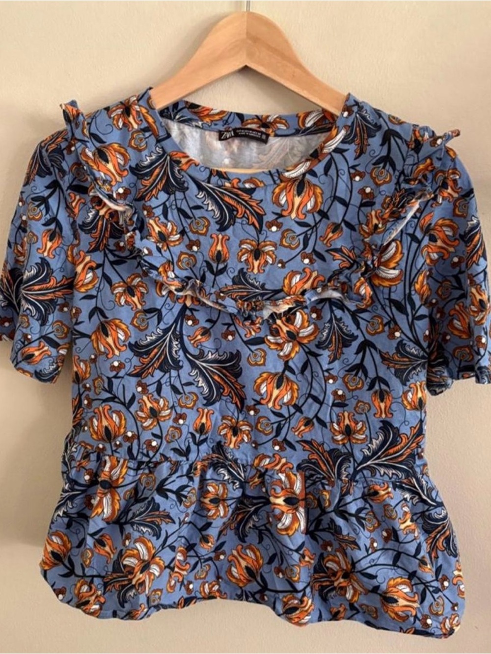 ZARA Blue Floral Ruffle Peplum Top